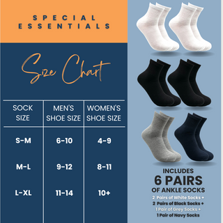 Special Essentials 6 Pairs Non-Binding Diabetic & Circulator Ankle Socks For Men & Women - Soft Moisture-Wicking Cotton