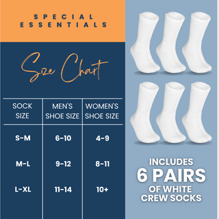 Special Essentials 6 Pairs Non-Binding Diabetic & Circulator Crew Socks For Men & Women - Soft Moisture-Wicking Cotton