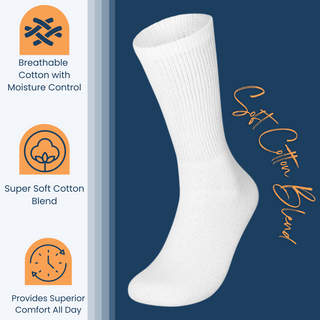 Special Essentials 3 Pairs Cotton Diabetic Crew Socks - Non-Binding Wide Top Comfort & Support for Men & Women