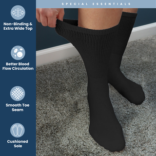 Special Essentials 3 Pairs Cotton Diabetic Crew Socks - Non-Binding Wide Top Comfort & Support for Men & Women