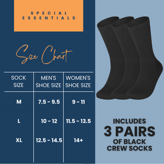 Special Essentials 3 Pairs Cotton Diabetic Crew Socks - Non-Binding Wide Top Comfort & Support for Men & Women