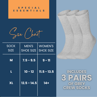 Special Essentials 3 Pairs Cotton Diabetic Crew Socks - Non-Binding Wide Top Comfort & Support for Men & Women