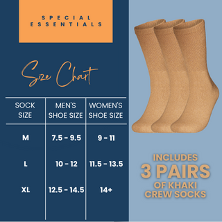 Special Essentials 3 Pairs Cotton Diabetic Crew Socks - Non-Binding Wide Top Comfort & Support for Men & Women