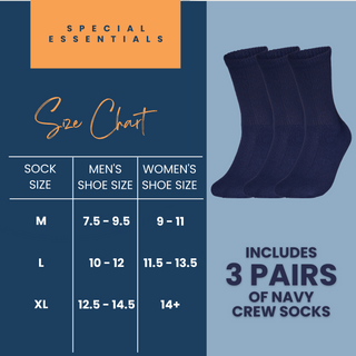 Special Essentials 3 Pairs Cotton Diabetic Crew Socks - Non-Binding Wide Top Comfort & Support for Men & Women