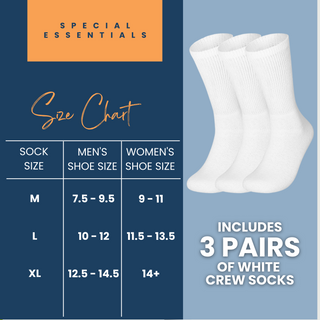 Special Essentials 3 Pairs Cotton Diabetic Crew Socks - Non-Binding Wide Top Comfort & Support for Men & Women