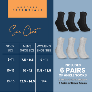 Special Essentials 6 Pairs Cotton Diabetic Ankle Socks - Non-Binding With Extra Wide Top For Men and Women…