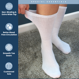 Special Essentials 3 Pairs Cotton Diabetic Crew Socks - Non-Binding Wide Top Comfort & Support for Men & Women